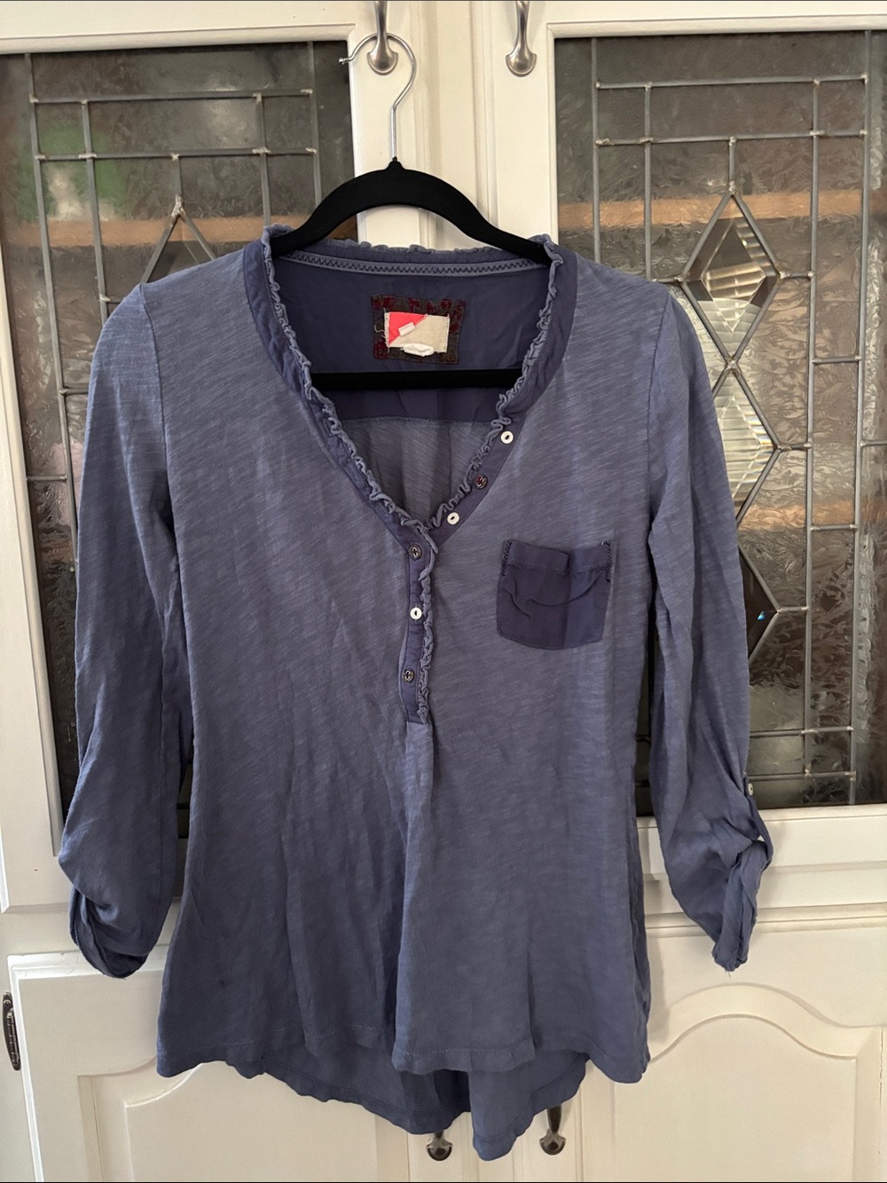 Free People Washed Indigo Ruffled Henley Top